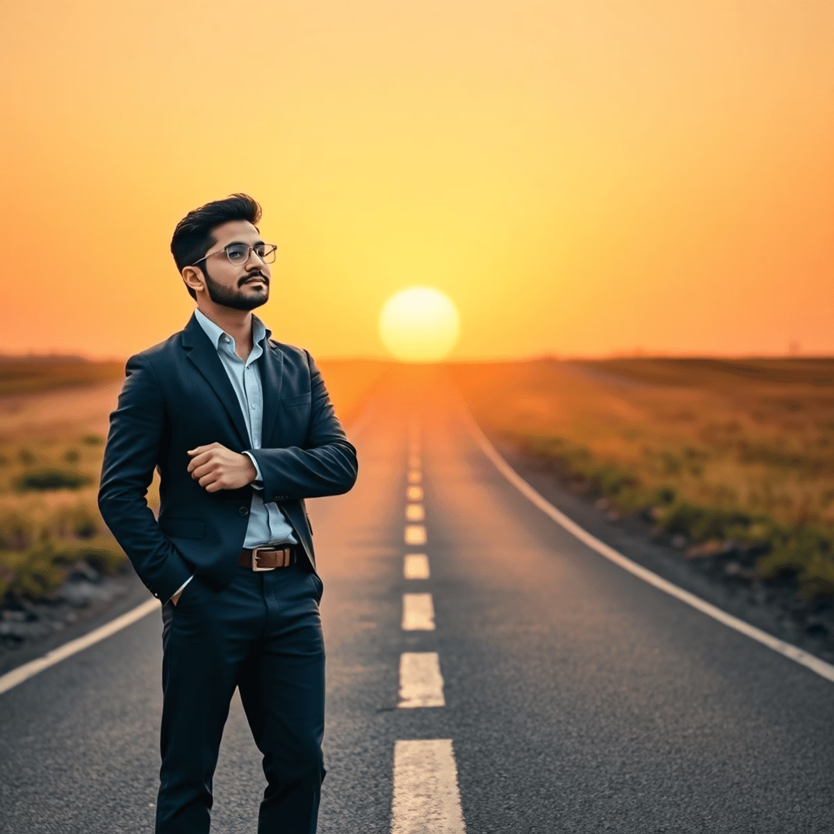 A confident exitpreneur stands at a crossroads at sunrise, contemplating two paths—one leading to success and the other to new ventures.
