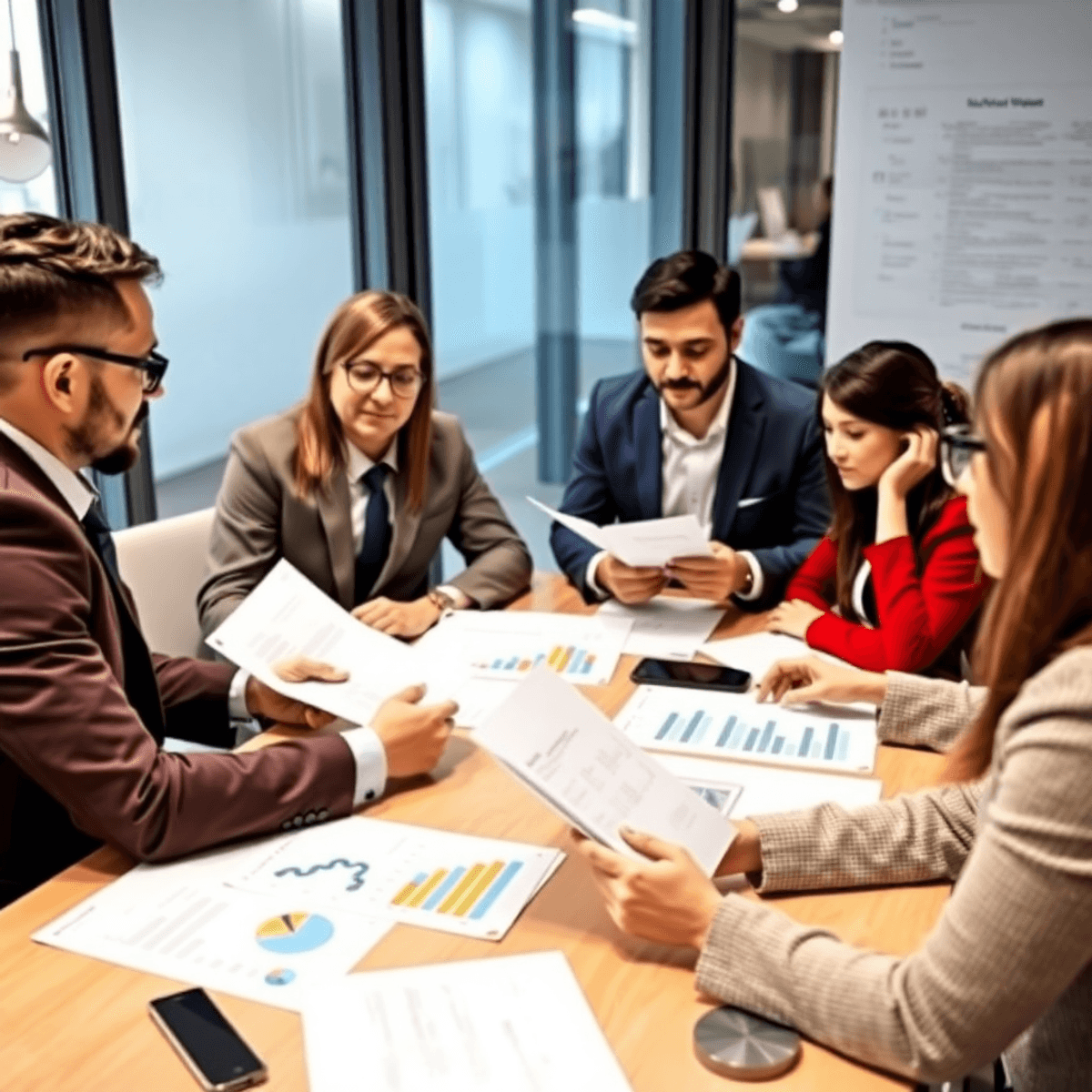 A group of entrepreneurs in a modern office reviewing financial charts and documents during a business meeting.