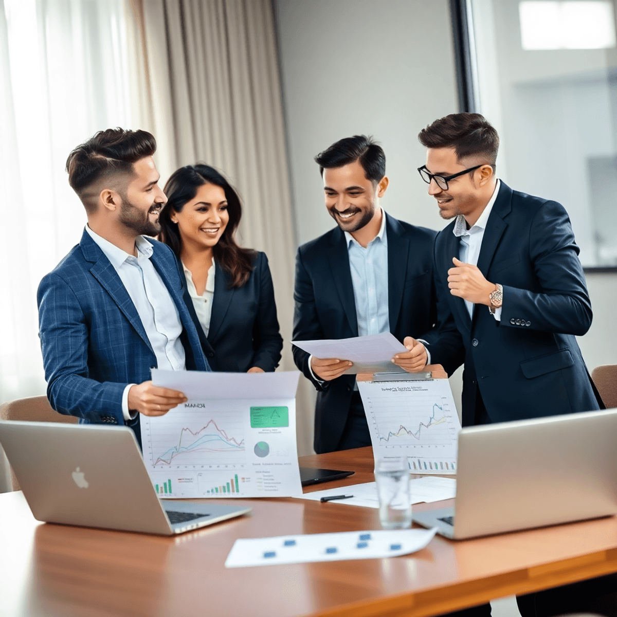 Entrepreneurs in a business meeting discussing M&A strategies with charts and laptops, symbolizing partnership and successful business sale.
