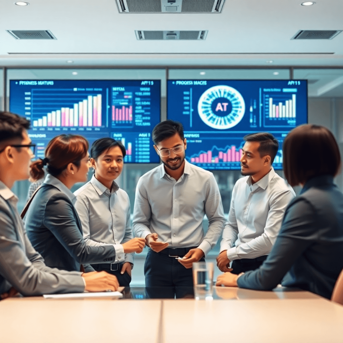 Entrepreneurs in a modern office discussing business charts and AI technology on digital screens, highlighting innovation and strategic planning.