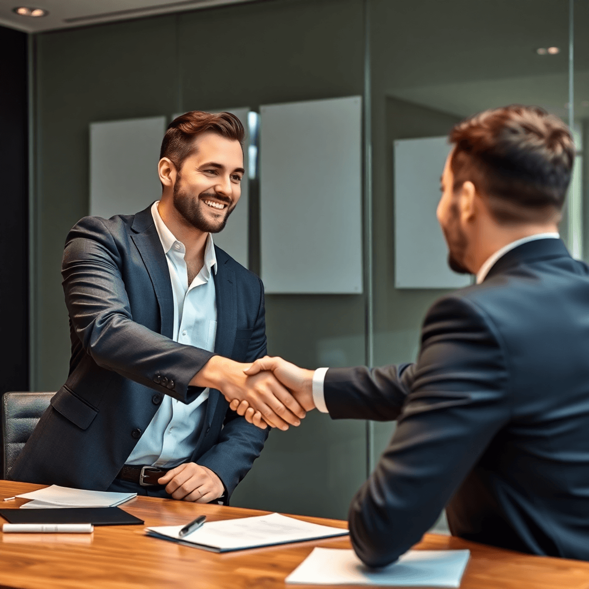 Two professionals shaking hands across a desk in a business setting, symbolizing partnership and successful negotiations.