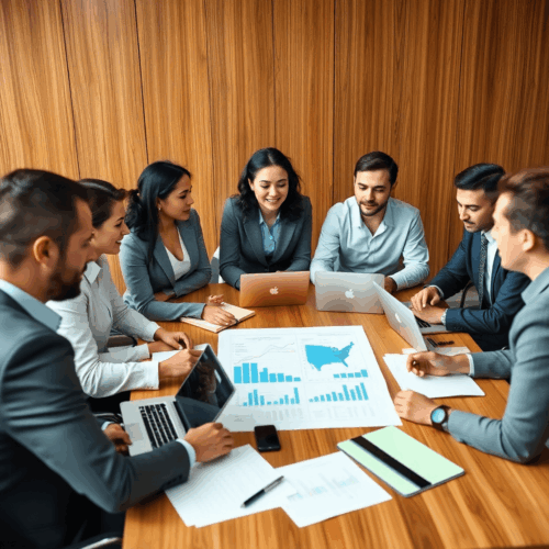 A diverse management team collaborating around a conference table with charts and laptops during a business meeting.