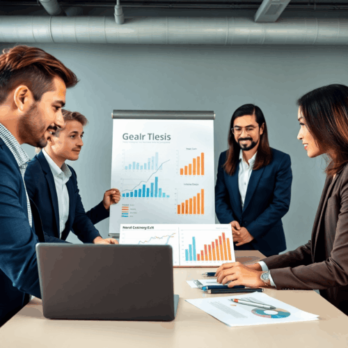 A group of entrepreneurs in a meeting room reviewing charts and graphs on a laptop and whiteboard, planning a successful business exit.