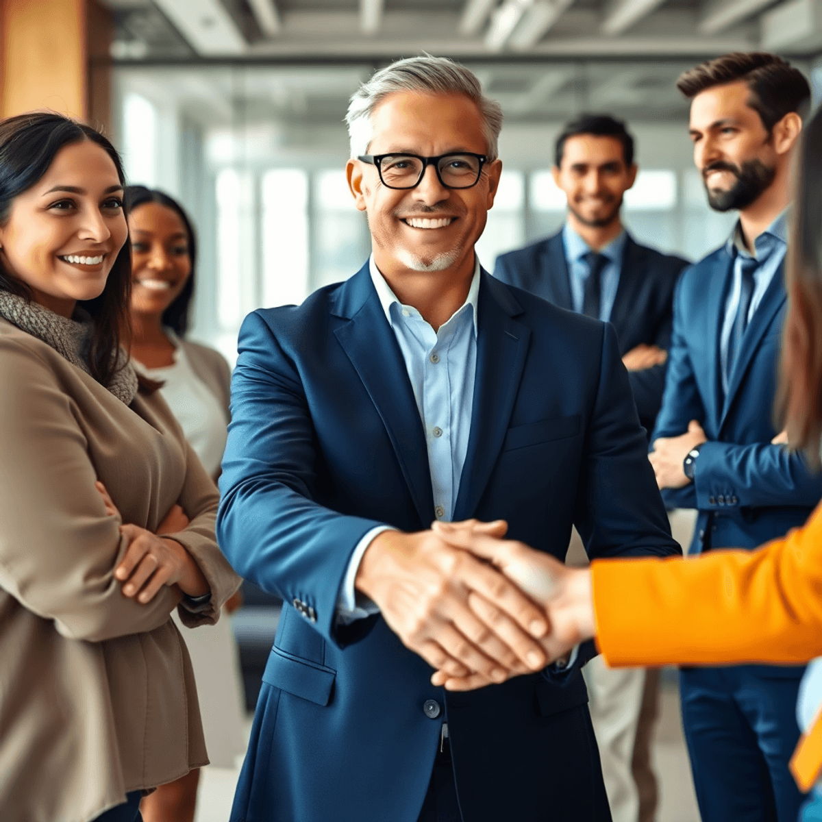Business owner shaking hands with professional employees in an office, symbolizing teamwork and successful business transition.