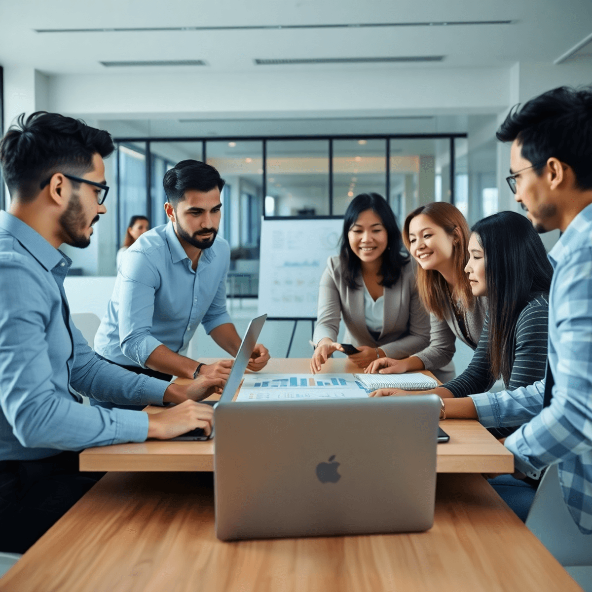 Business professionals collaborating around a table with charts and laptops in a modern office, symbolizing strategic planning and scalable operati...