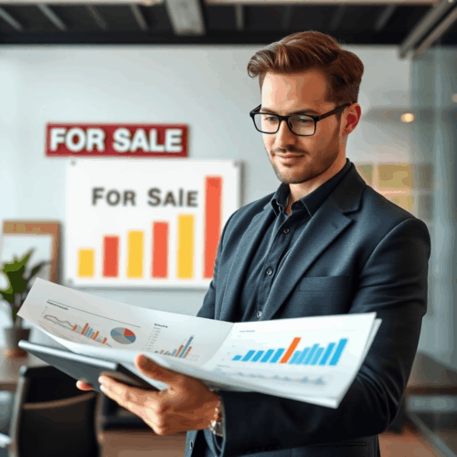 Confident entrepreneur reviewing strategic plans on a tablet in a modern office with "For Sale" sign and upward-trending graphs in the background.