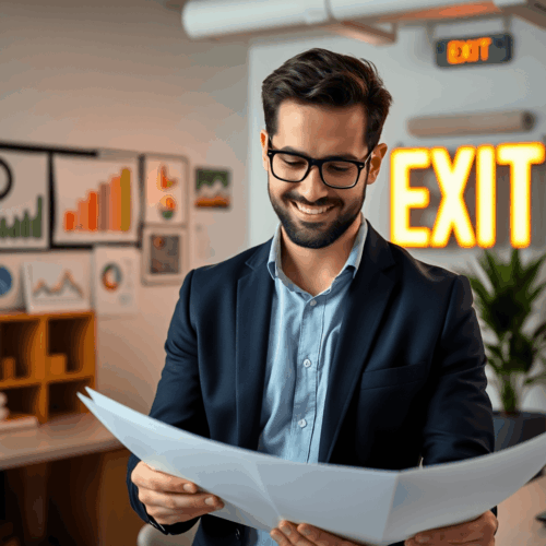 Entrepreneur reviewing business documents in a modern office with charts, graphs, and a glowing exit sign symbolizing business growth and strategy.
