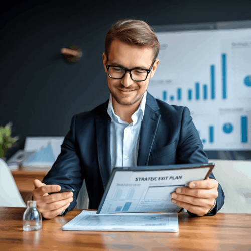 Entrepreneur reviewing exit plan on tablet with charts and graphs showing business growth in a professional office setting.