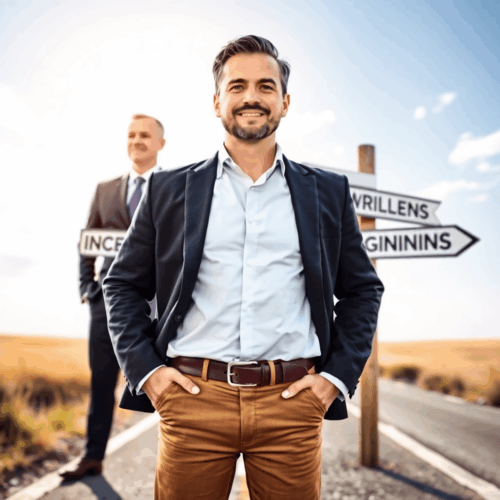 Entrepreneur standing at a crossroads with signs for financial security, personal well-being, and new beginnings against a bright, optimistic backg...