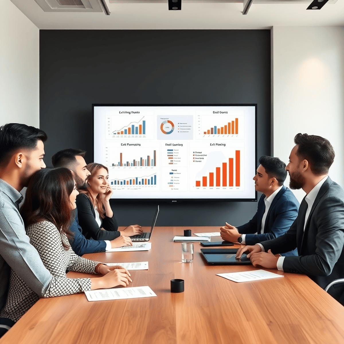 Entrepreneurs collaborating around a conference table with charts and graphs on screen showing business growth and exit planning concepts.