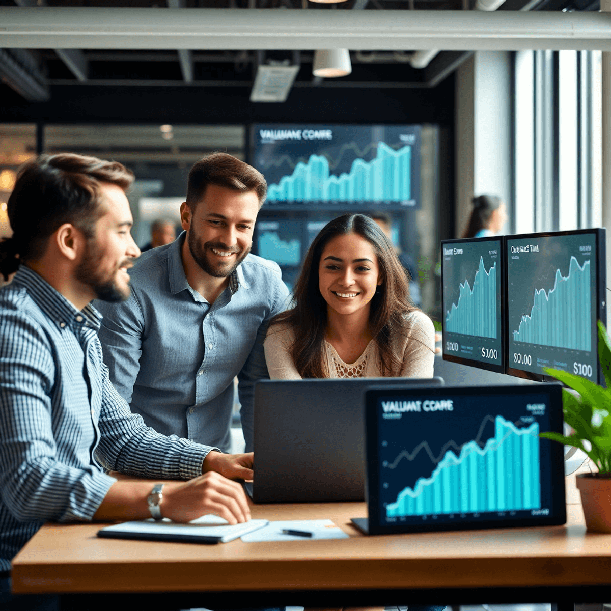 Entrepreneurs collaborating around a laptop in a modern office with charts showing growth and valuation doubling on screens.