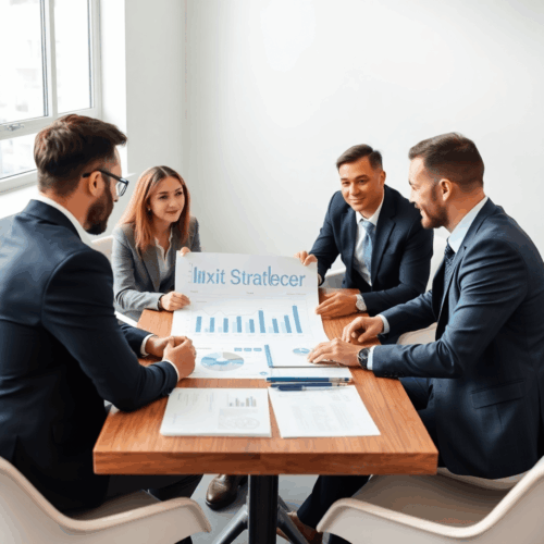 Entrepreneurs gathered around a table with charts and documents, discussing exit strategy plans in a professional business setting.