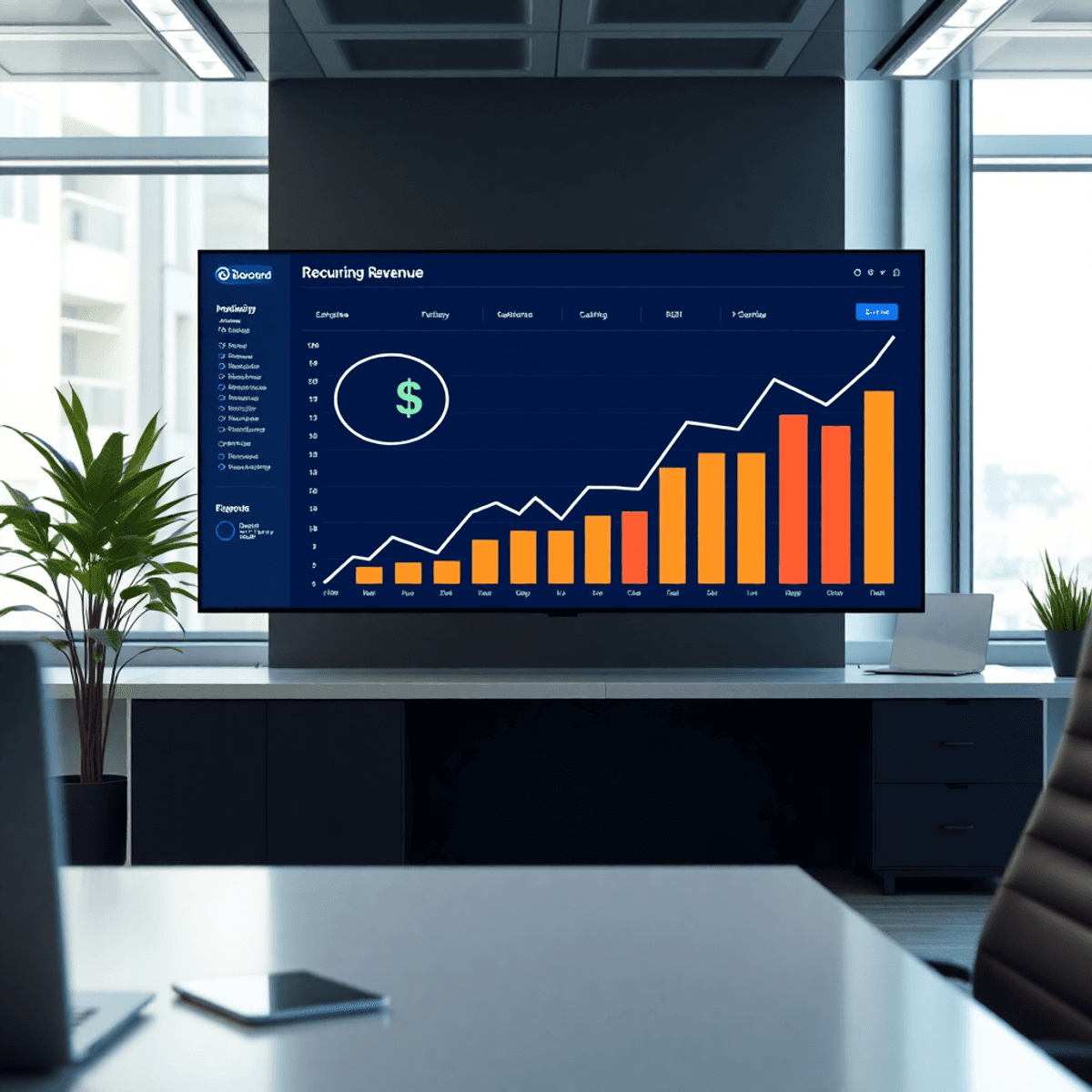Modern office with digital dashboard showing rising graphs and recurring revenue icons like subscription boxes and dollar signs.