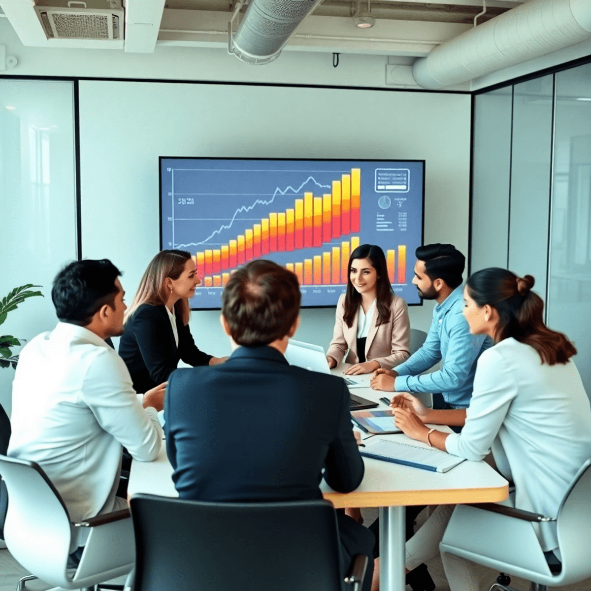 Professionals discussing business strategies around a table with charts and graphs displayed on a digital screen in a modern office.
